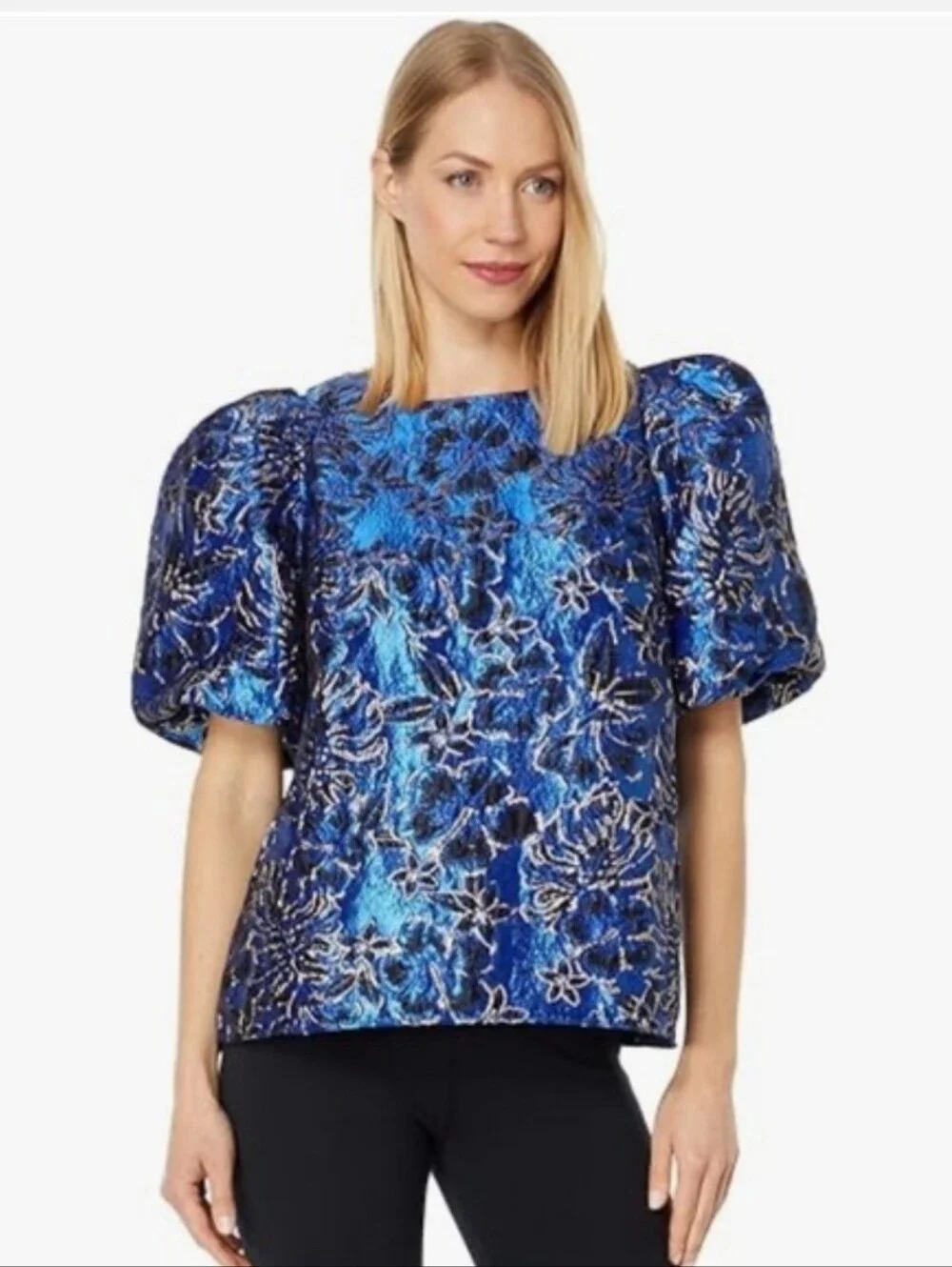 Lilly Pulitzer Royal Blue Brocade Puff-Sleeve Top Sz 14